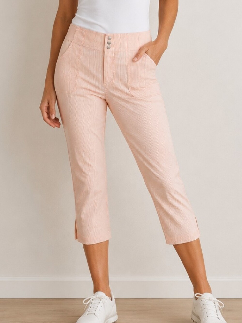 Jofit Peach White Pinstripe Capri Pants Womens Size 14 Golf Stretch Slim Ankle